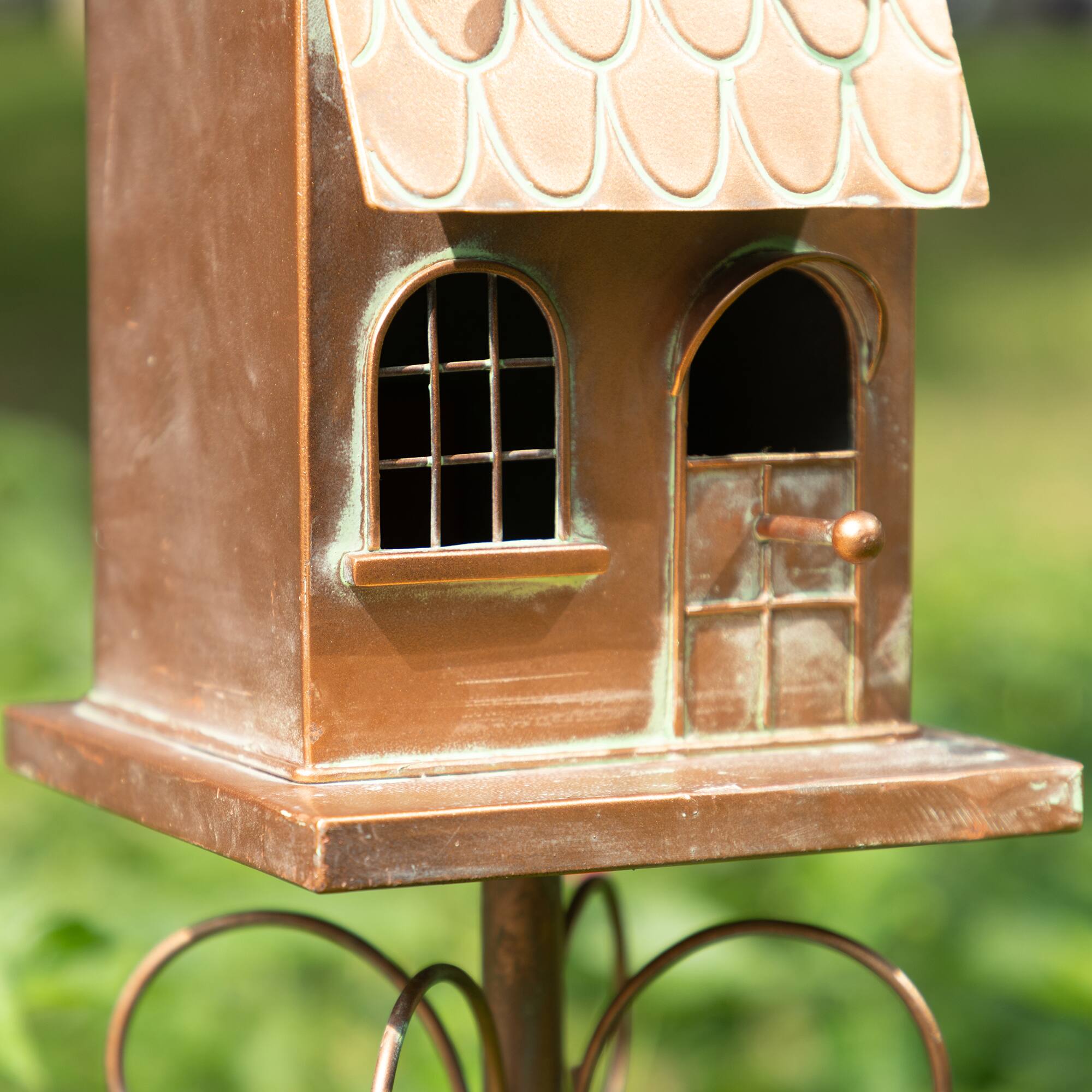 Glitzhome® 53" Farmhouse Faux Copper 2-Tiered Metal Garden Birdhouse with Stake
